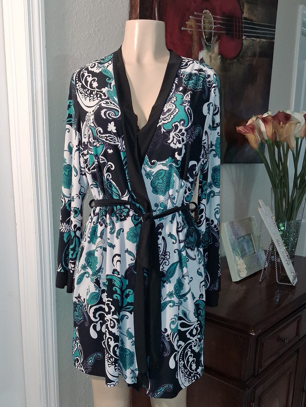 Women’s Teal & Black Paisley  Robe By ND Intimates Sz XLG